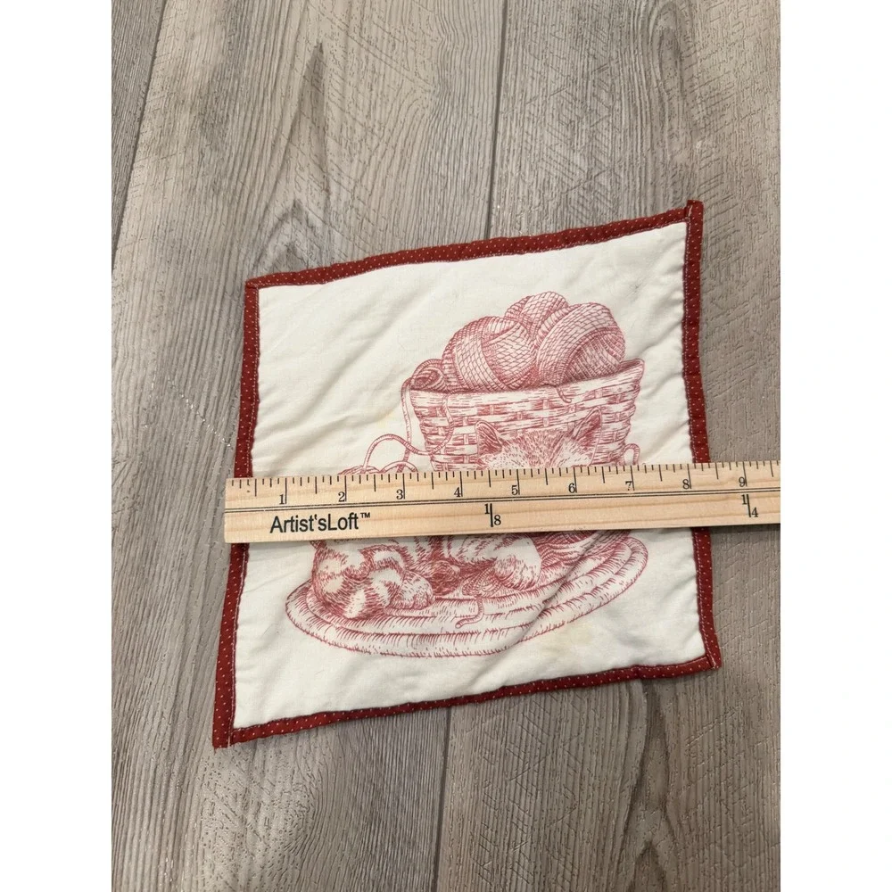 Vintage Set of 3 Quilted Fabric Coasters Red Toile Strawberry Cat Butterfly 8.5
